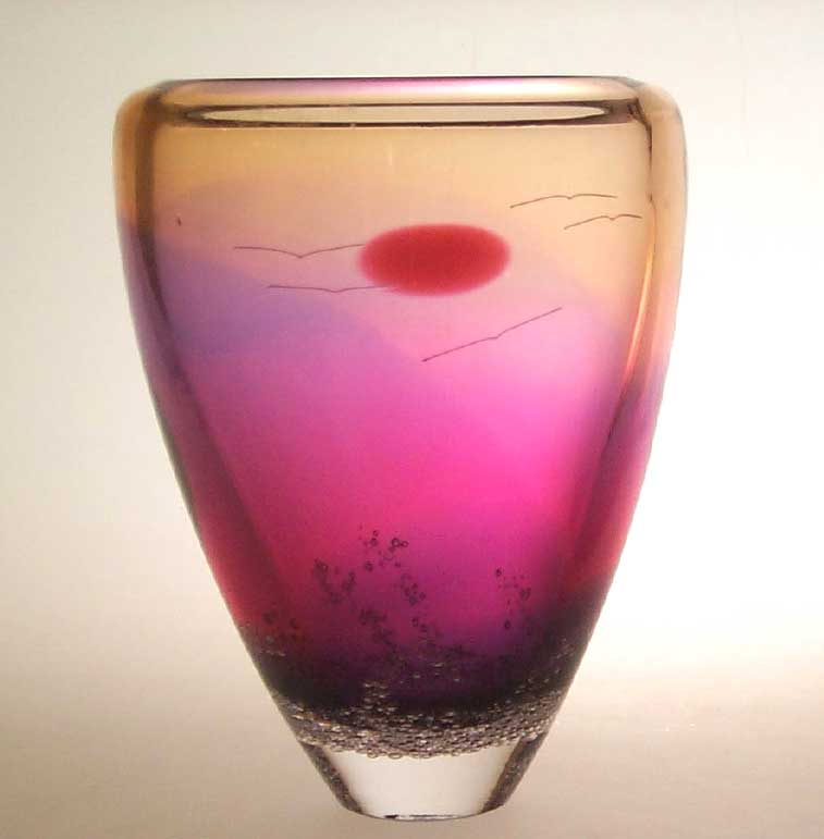 Blodgett Glass:  Sunset Vase – Sun & Birds | Rendezvous Gallery