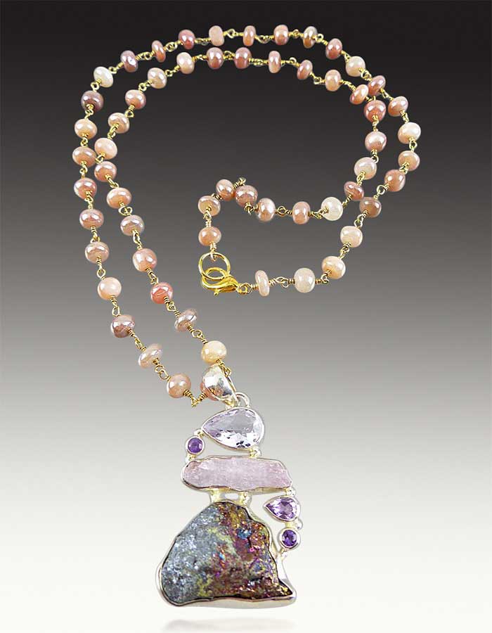 Bess Heitner: Drusy, Kunzite, Amethyst and Garnet Pendant and Necklace | Rendezvous Gallery