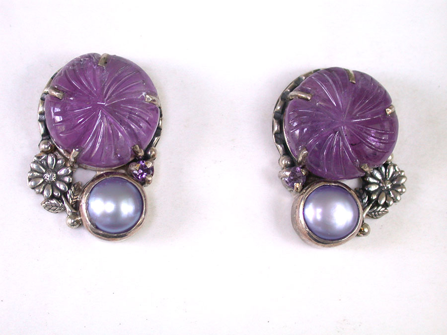 Amy Kahn Russell Online Trunk Show: Carved Amethyst & Freshwater Pearl Post Earrings | Rendezvous Gallery