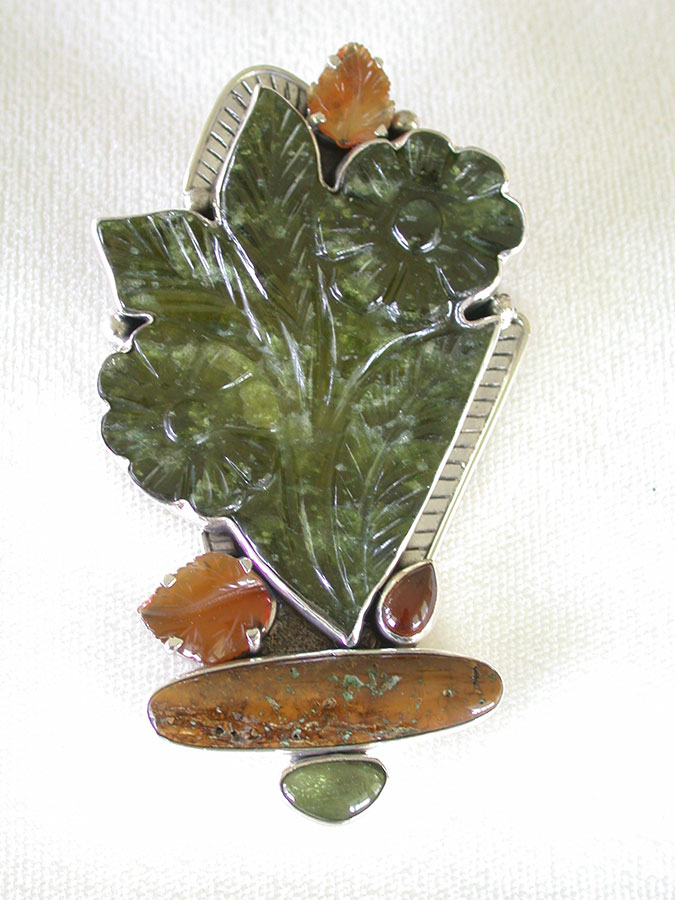 Amy Kahn Russell Online Trunk Show: Hessonite, Carved Vesuvianite, Carnelian & Turquoise Pin/Pendant | Rendezvous Gallery