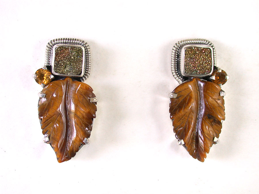Amy Kahn Russell Online Trunk Show: Pyrite Drusy, Citrine & Carved Tiger Eye Post Earrings | Rendezvous Gallery