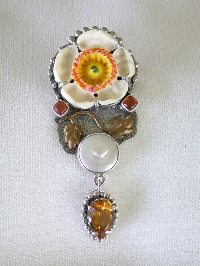 Amy Kahn Russell Online Trunk Show: Carved Mammoth Ivory, Hessonite, Pearl & Citrine Pin/Pendant | Rendezvous Gallery
