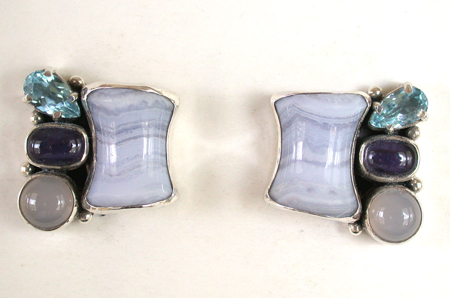 Amy Kahn Russell Online Trunk Show: Blue Lace Agate, Blue Topaz, Iolite & Moonstone Clip Earrings | Rendezvous Gallery