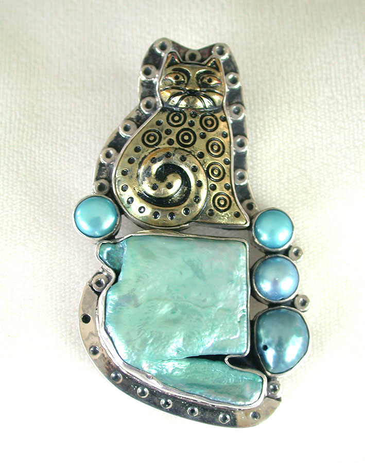 Amy Kahn Russell Online Trunk Show: Bronze Cat & Freshwater Pearl Pin/Pendant | Rendezvous Gallery