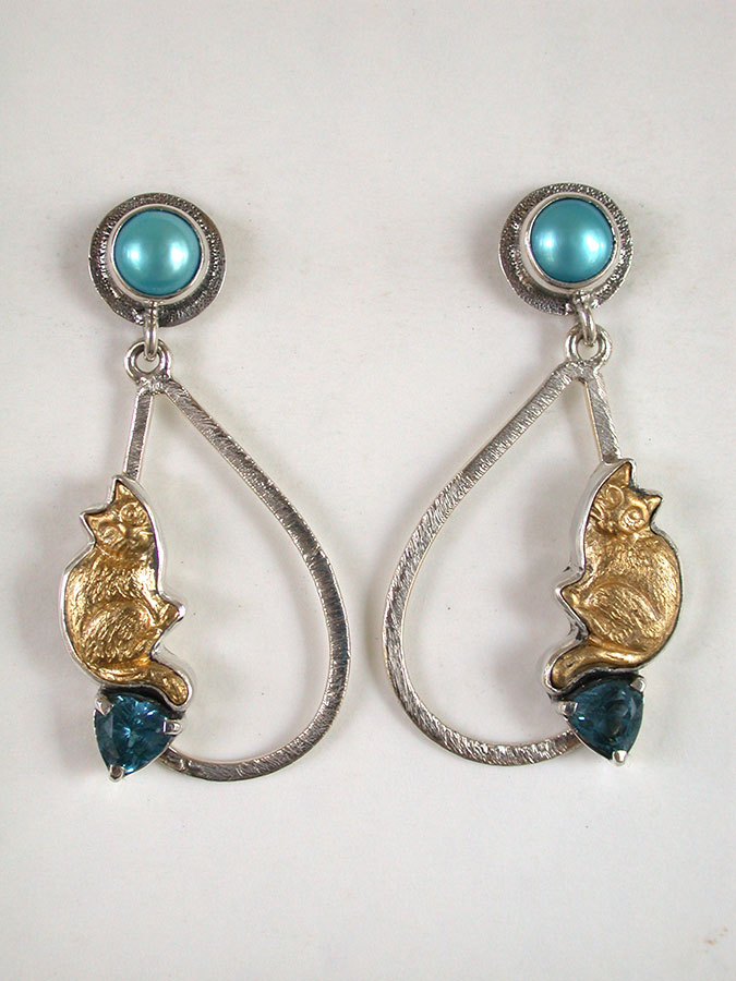 Amy Kahn Russell Online Trunk Show: Freshwater Pearl, Brass & Blue Topaz Post Earrings | Rendezvous Gallery