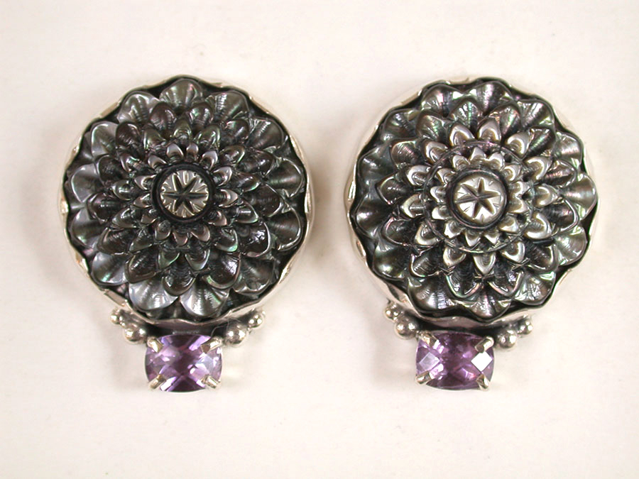 Amy Kahn Russell Online Trunk Show: Carved Mother of Pearl & Amethyst Clip Earrings | Rendezvous Gallery