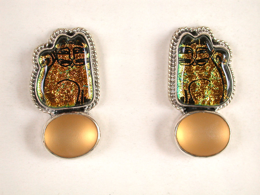 Amy Kahn Russell Online Trunk Show: Dichroic Glass Cats & Gold Foil Under Quartz Clip Earrings | Rendezvous Gallery