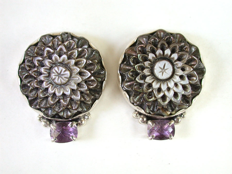Amy Kahn Russell Online Trunk Show: Carved Mother of Pearl & Amethyst Clip Earrings | Rendezvous Gallery