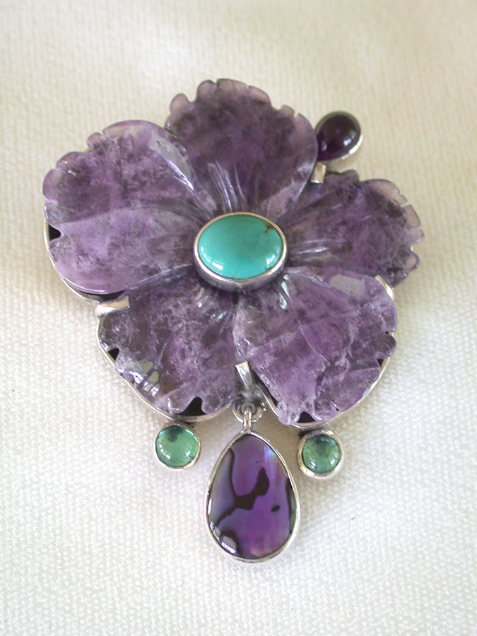 Amy Kahn Russell Online Trunk Show: Carved Amethyst, Turquoise, Abalone & Apatite Pin/Pendant | Rendezvous Gallery