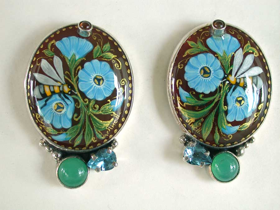 Amy Kahn Russell Online Trunk Show: Russian Hand Painted Miniature, Chrysoprase & Blue Topaz Post Earrings | Rendezvous Gallery
