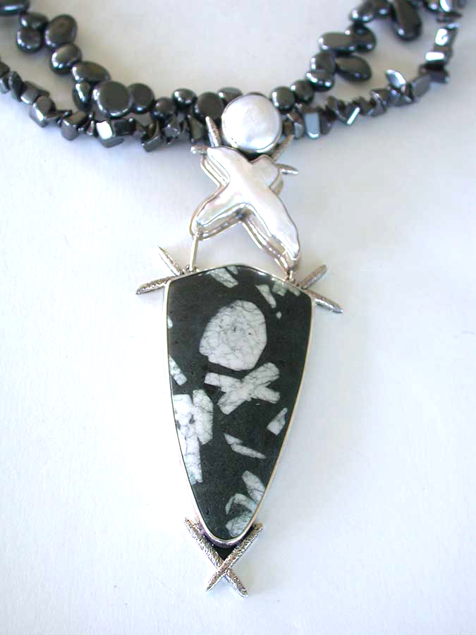 Amy Kahn Russell Online Trunk Show: Freshwater Pearl, Chinese Writing Stone & Hematite Necklace/Pendant | Rendezvous Gallery