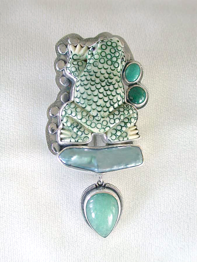 Amy Kahn Russell Online Trunk Show: Carved Bone, Freshwater Pearl & Aventurine Pin/Pendant | Rendezvous Gallery
