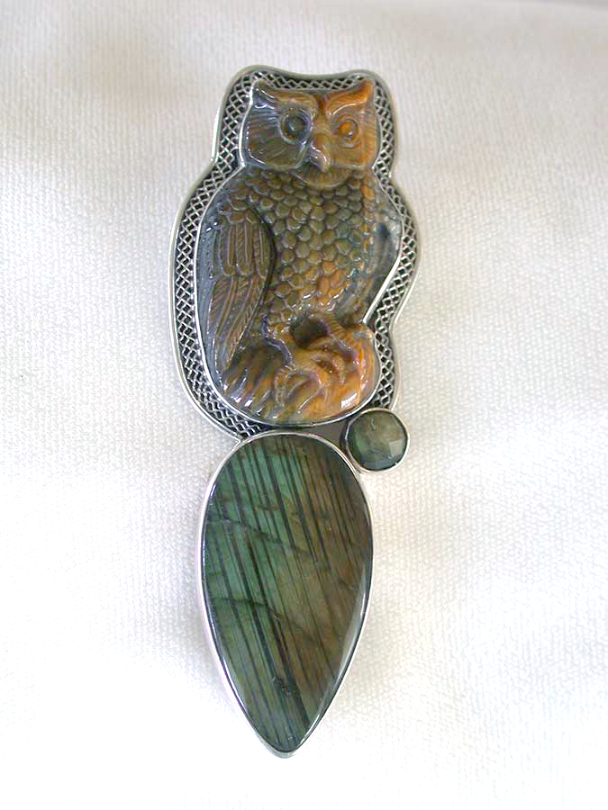Amy Kahn Russell Online Trunk Show: Carved Labradorite Owl & Tiger's Eye Pin/Pendant | Rendezvous Gallery