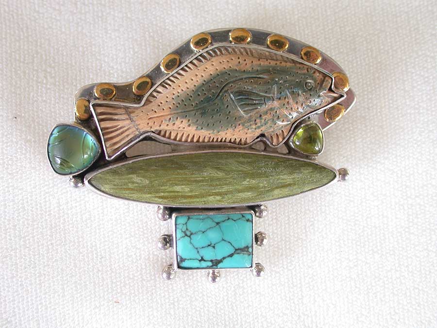 Amy Kahn Russell Online Trunk Show: Carved Jasper, Vesuvanite, Glass & Turquoise Pin/Pendant | Rendezvous Gallery