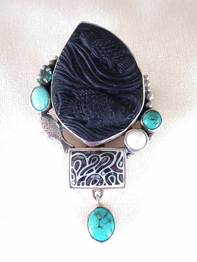 Amy Kahn Russell Online Trunk Show: Carved Obsidian, Turquoise, Pearl & Mosaic Pin/Pendant | Rendezvous Gallery