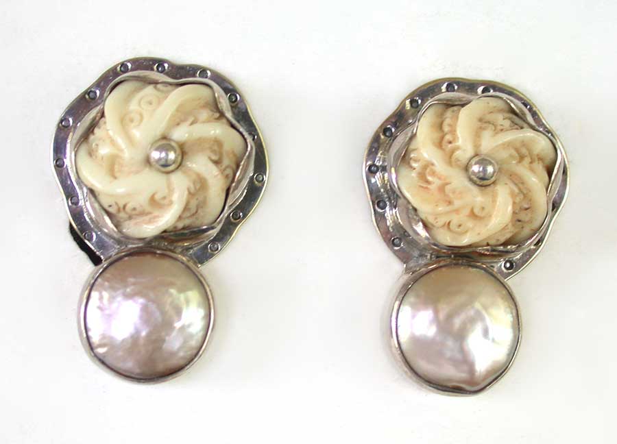 Amy Kahn Russell Online Trunk Show: Carved Bone and Freshwater Pearl Clip Earrings | Rendezvous Gallery