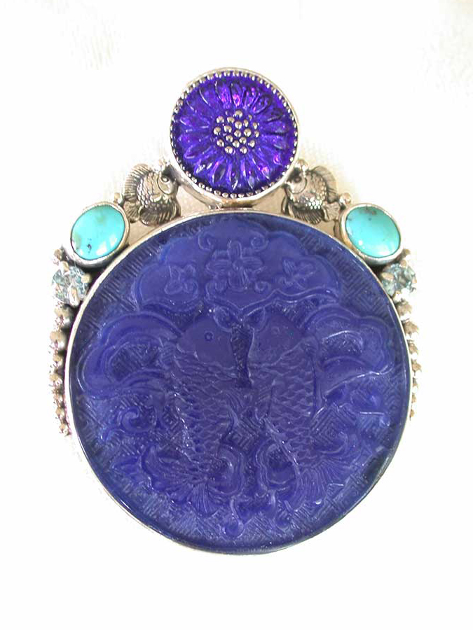 Amy Kahn Russell Online Trunk Show: Czech Glass, Turquoise and Carved Blue Agate Pin/Pendant | Rendezvous Gallery
