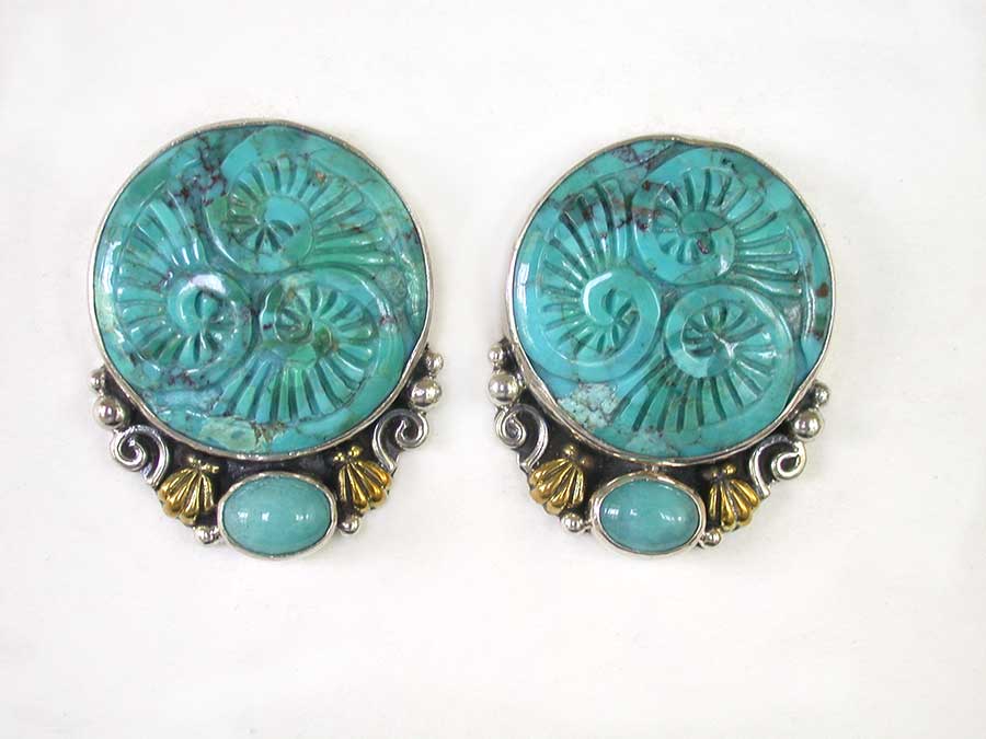 Amy Kahn Russell Online Trunk Show: Carved Turquoise and Amazonite Clip Earrings | Rendezvous Gallery