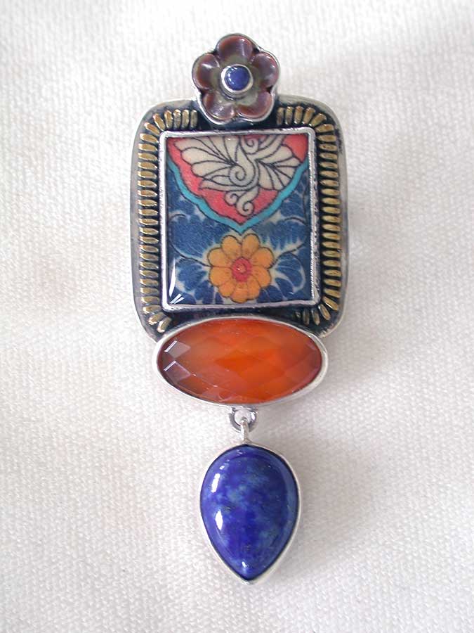 Amy Kahn Russell Online Trunk Show: Mother of Pearl, Tile, Carnelian and Lapis Pin/Pendant | Rendezvous Gallery