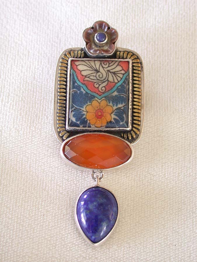 Amy Kahn Russell Online Trunk Show: Mother of Pearl, Hand Made Tile and Carnelian Pin/Pendant | Rendezvous Gallery