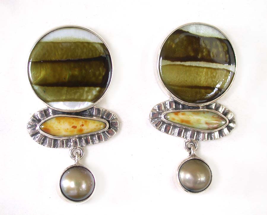 Amy Kahn Russell Online Trunk Show: Czech Glass, Mother of Pearl and Pearl Clip Earrings  | Rendezvous Gallery