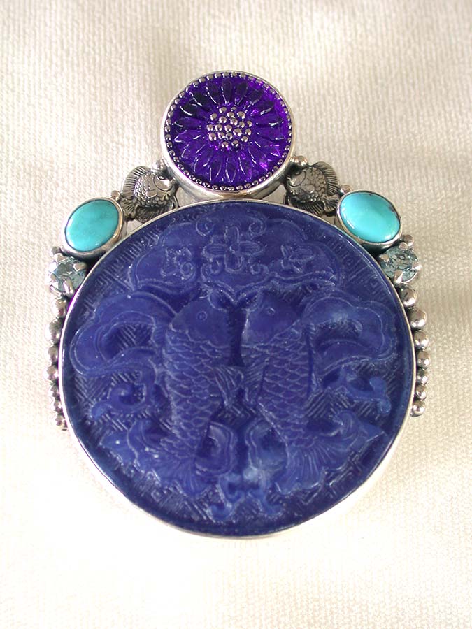 Amy Kahn Russell Online Trunk Show: Czech Glass, Turquoise and Carved Blue Agate Pin/Pendant | Rendezvous Gallery