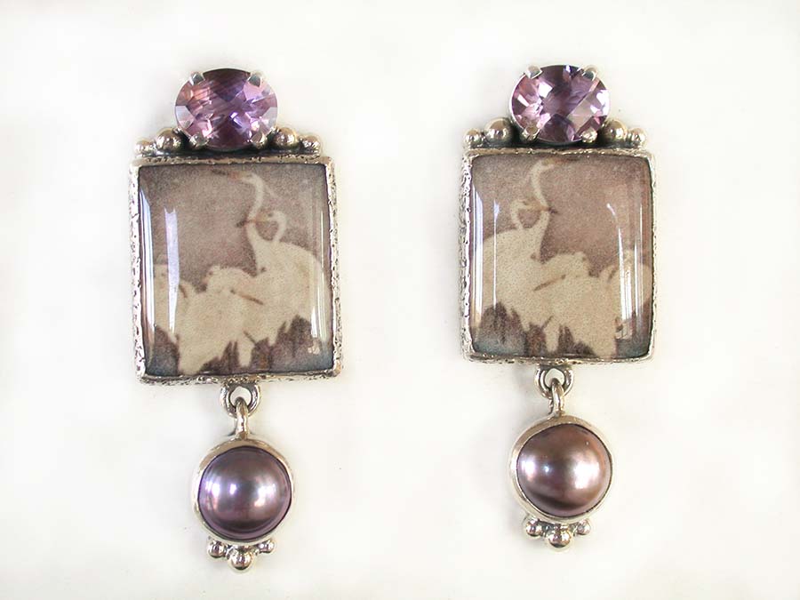Amy Kahn Russell Online Trunk Show: Amethyst, Hand Made Tile and Pearl Clip Earrings | Rendezvous Gallery