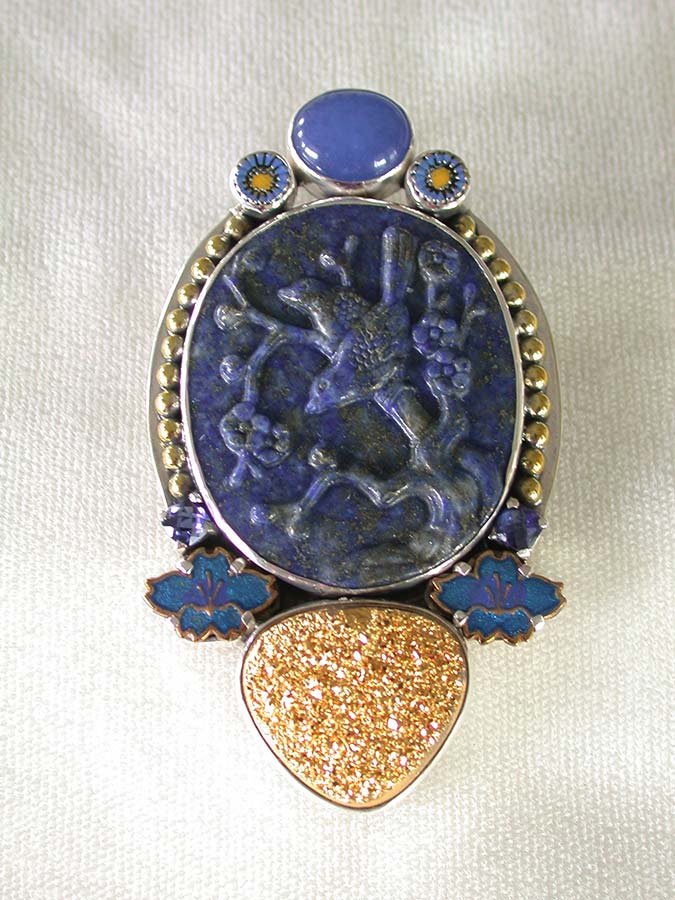 Amy Kahn Russell Online Trunk Show: Carved Lapis Lazuli, Enamel and Drusy Pin/Pendant | Rendezvous Gallery