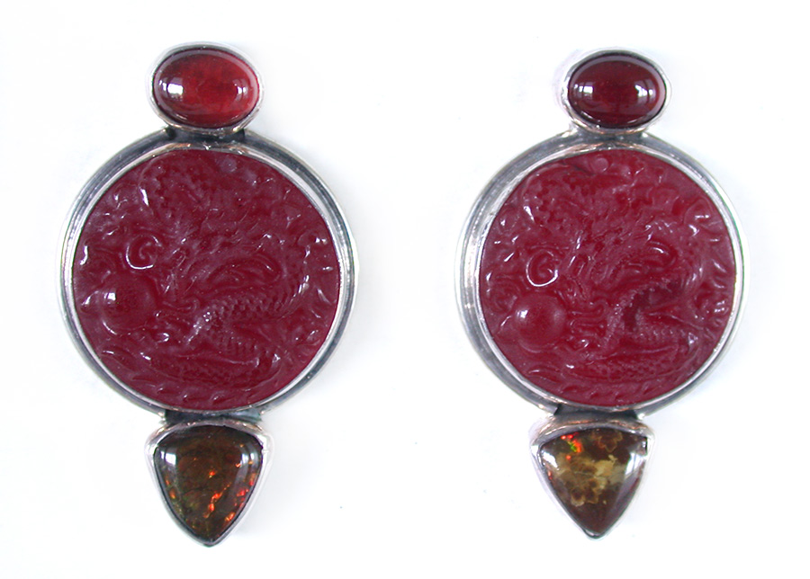 Amy Kahn Russell Online Trunk Show: Garnet, Carved Quartz and Ammolite Clip Earrings | Rendezvous Gallery