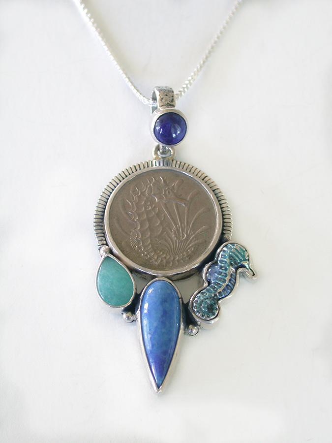 Amy Kahn Russell Online Trunk Show: Authentic Collectible Coin, Lapis, Amazonite and Enamel Necklace | Rendezvous Gallery