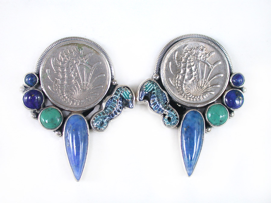 Amy Kahn Russell Online Trunk Show: Authentic Collectible Coin, Lapis, Turquoise and Enamel Clip Earrings | Rendezvous Gallery