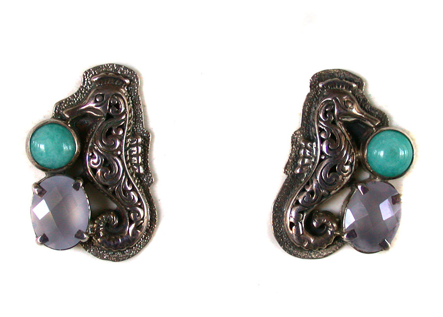 Amy Kahn Russell Online Trunk Show: Sterling Seahorse, Amazonite and Chalcedony Post Earrings | Rendezvous Gallery