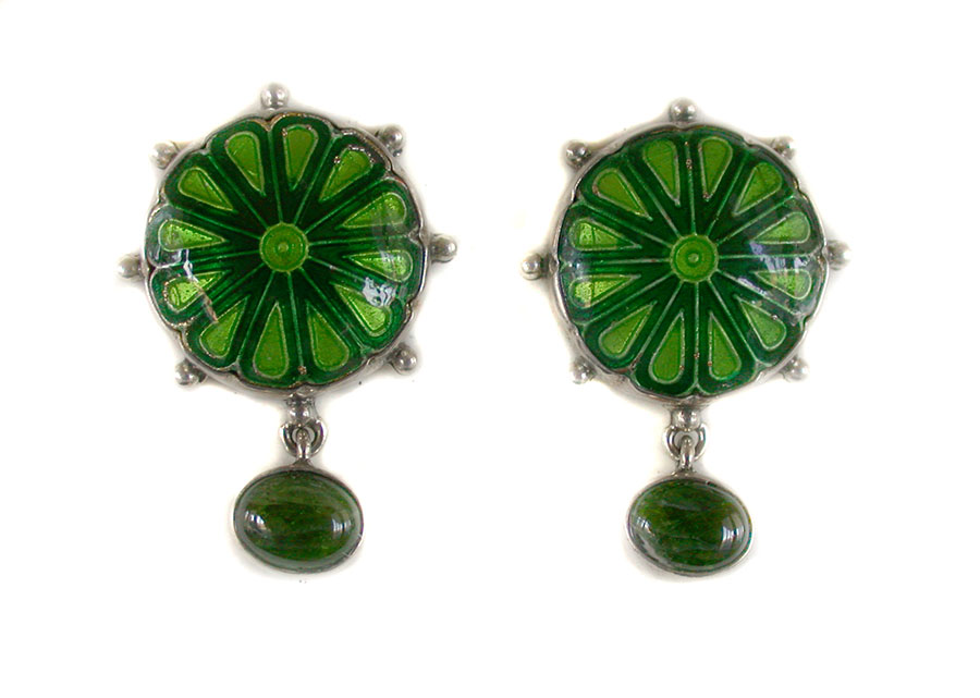 Amy Kahn Russell Online Trunk Show: Cloisonne Enamel and Chrome Diopside Clip Earrings | Rendezvous Gallery
