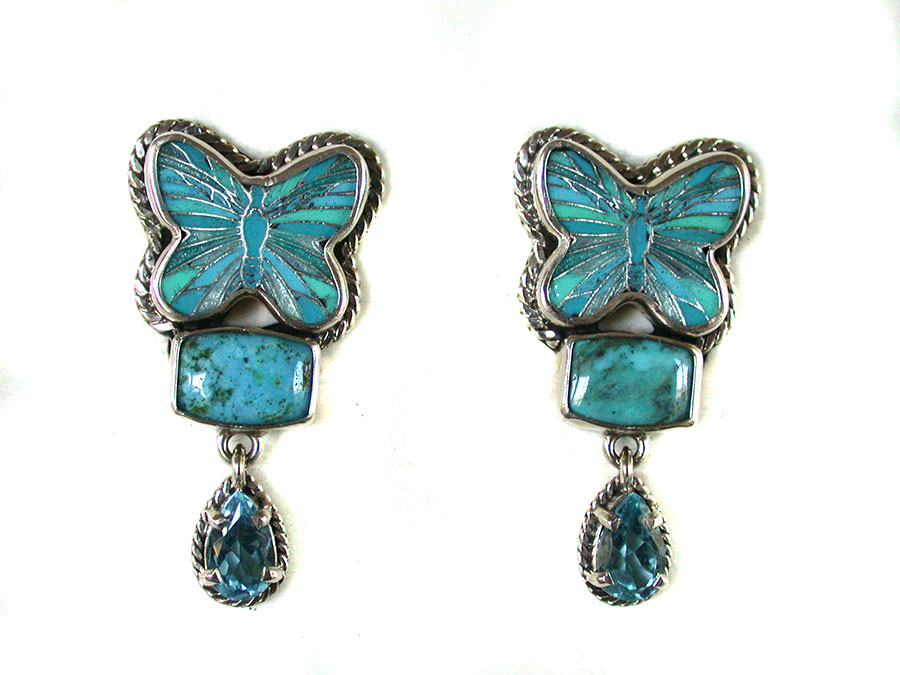 Amy Kahn Russell Online Trunk Show: Hand Painted Enamel, Turquoise and Blue Topaz Clip Earrings | Rendezvous Gallery