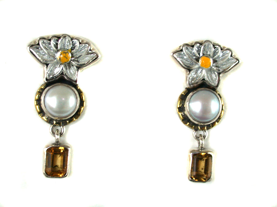 Amy Kahn Russell Online Trunk Show: Hand Painted Enamel, Pearl and Citrine Post Earrings | Rendezvous Gallery