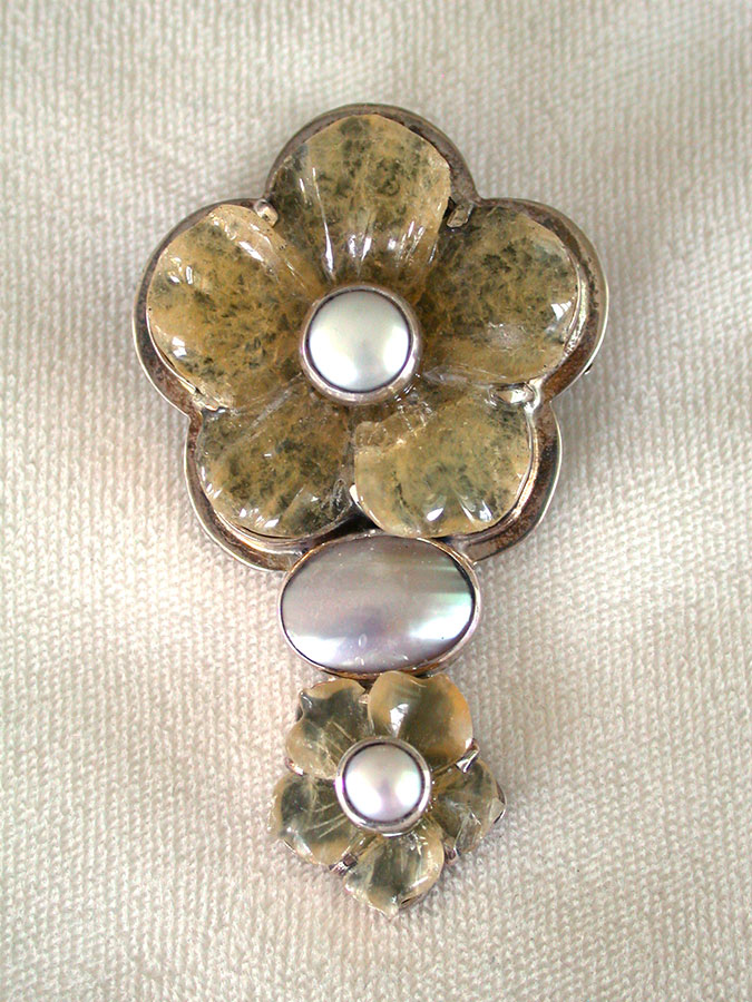 Amy Kahn Russell Online Trunk Show: Carved Yellow Jade and Freshwater Pearl Pin/Pendant | Rendezvous Gallery