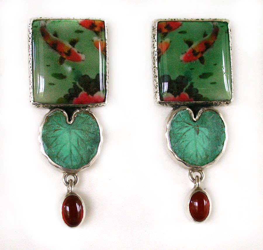 Amy Kahn Russell Online Trunk Show: Hand Made Art Tile, Brass and Carnelian Clip Earrings | Rendezvous Gallery